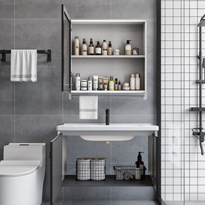 Ensemble de meuble-lavabo de salle de bain moderne de style nordique, armoire en aluminium étanche murale avec lavabo en céramique intégré, pour balcon - Product Image 3