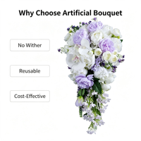 Bouquet de mariée cascade européen avec fleurs artificielles en soie pivoine et orchidée violettes et blanches pour décoration de séance photo style forêt