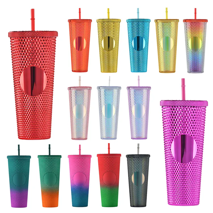 Vasos de plástico reutilizables de doble pared personalizados, vasos tachonados de 24oz, superventas