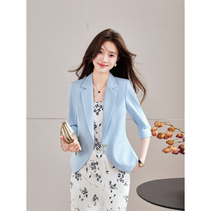 Women's Slim Fit Blazer Three Quarter Sleeve Solid Color Wool Blend Suit Jacket For Office Wear - Product Image 1