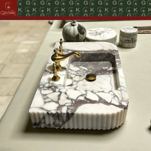 GOLDKING Bathroom Vanity Custom Calacatta Viola Marble <strong>Wash</strong> Basin White Base Purple Grey Veins Fluted Edge CNC Precision - Product Image 3