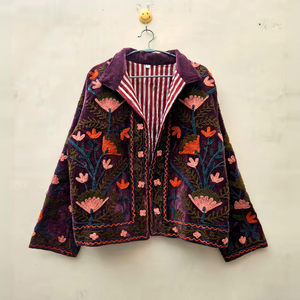Indian Women's Boho Chic <b>Vintage</b> Style Regular Winter Jacket Trending Handmade Suzani Embroidery Velvet Quilted Autumn Cotton - Product Image 1