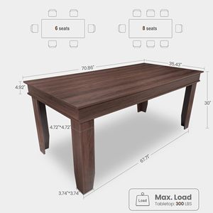 Table à manger rectangulaire en bois moderne SENYU, 70,86 x 35,43 pouces, 8 places, meubles de maison stables - Product Image 4