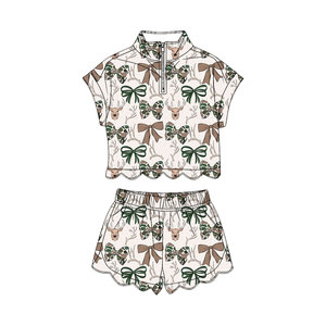 GSSO3668 Ensemble d'été personnalisé pour petite fille avec nœuds camouflage imprimés, tenue pour enfant à manches courtes - Product Image 1