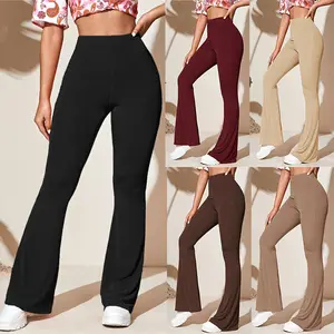 Verão High Stretch Slim Pants para Mulheres Draping Flared cintura alta Yoga Pants Casual malha calças esportivas preto Khaki Brown