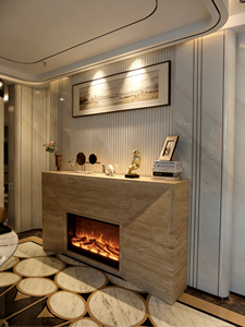 Conjunto de <span class=keywords><strong>Chimenea</strong></span> y Repisa de Travertino Beige de Piedra Natural Porosa de una Sola Pieza con Marco de Acero Integrado - Product Image 3