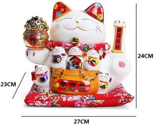 Chat porte-bonheur chinois en céramique blanche Feng Shui avec bras mobile Maneki Neko Chat porte-bonheur qui agite la patte L26xW22xH23CM, - Product Image 2