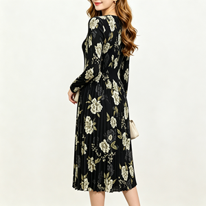 Abito Midi Plissettato da Donna Taglia Unica, Collo Tondo, Maniche Lunghe, Ottimo Drappeggio, Elasticizzato, Non Aderente, per Uso Quotidiano - Product Image 3