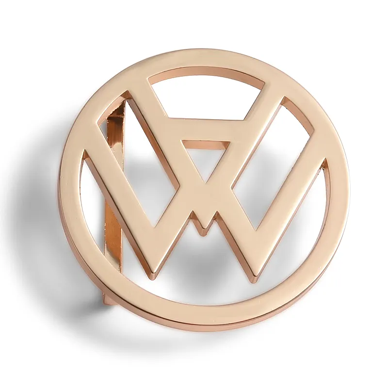 Fibbia per cintura in metallo di alta qualità fibbia per cintura con Logo per auto in oro rosa con lettera rotonda di moda posteriore