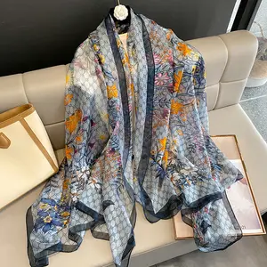 New Arrival Designer Flower Printed Silk Gauze Scarf Famous Brands Scarves Women Beach Swimwear Sarong Cover Up Wrap Shawls