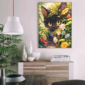 Kit de peinture par numéros Série Animaux Chat Noir Fleuri Sans Cadre Peinture Décorative Faite à la Main pour la Maison Décorations DIY - Product Image 2