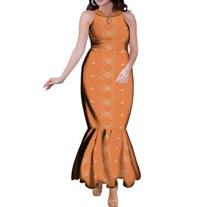 Nuevo estilo sin mangas fuera del hombro vestido de cola de pez personalizado <span class=keywords><strong>Fiji</strong></span> Samoa estampado naranja gota de <span class=keywords><strong>agua</strong></span> diseño vestido largo elegante vestido de mujer - Product Image 1