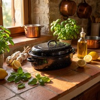 Plat à rôtir en émail turc avec couvercle pour cuisson au four, plat à rôtir rond en émail de 17 pouces avec couvercle, plat de cuisson en émail