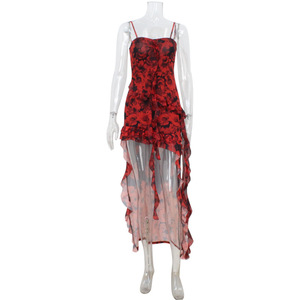Women's Red Black Rose Print Maxi Dress <b>Spaghetti</b> <b>Strap</b> Asymmetrical Ruffle Hem Dresses Fashion - Product Image 2