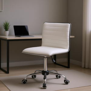 Silla de Oficina Blanca sin Brazos, Cuero PU, Base Cromada, Giratoria, Ajuste Manual, Respaldo Bajo, Estilo Contemporáneo - Product Image 2