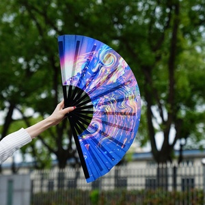 Black Ribs Hand Held Folding Fabric Fans 33cm Large Hand Fan With Custom Logo Printed - Product Image 2