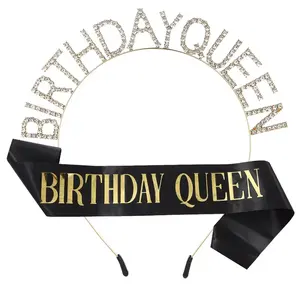 Đáng tin cậy của phụ nữ Bling Rhinestone pha lê 21st 30th 40th sinh nhật Nữ Hoàng vương miện Headband satin Sash kỷ niệm bên Nguồn cung cấp