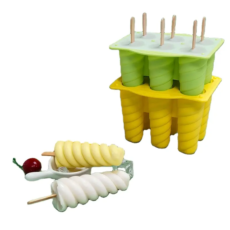 6-Cavity Spiral Silicone Mold for Ice Cream Yogurt Bar Fruit Popsicles Custom Colors for DIY 1pc/Carton MOQ 2pcs