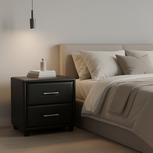 Table de chevet contemporaine à 2 tiroirs en similicuir noir, meubles de chambre à coucher modernes - Product Image 2