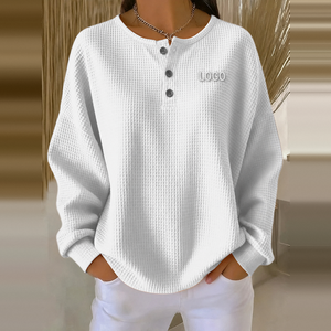 manufacturer custom embroidered <b>tops</b> <b>thermal</b> white waffle knit <b>women's</b> long sleeve t shirt - Product Image 1