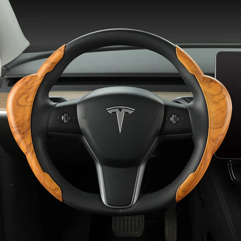 Luxo clássico pêssego madeira grão couro volante capas para tesla modelo 3 y suede fibra de carbono caso alça do carro atacado