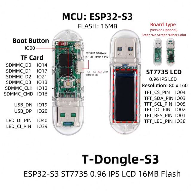T-Dongle-S3 Development Board with 0.96 Inch LCD Screen WiFi for Bluetooth & TF Card Output 0.96 Inch LCD Modules