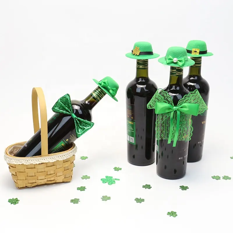 Irish Saint Patrick's Day Decoration Accessories Festival Decor Wine Cover Green Clover Wine Decor St Patricks Day Accessories