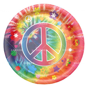 Ensemble de vaisselle de fête arc-en-ciel tie-dye coloré : assiettes, gobelets, serviettes, ustensiles – Fournitures d'anniversaire 40-60 pièces, thème floral Paix et Amour - Product Image 2