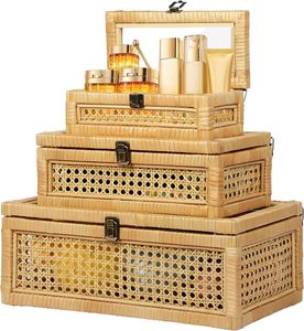 Juego de 3 Cajas de Ratán con Tapa de Vidrio Marrón con Tapas para Decoración del Hogar, Caja Decorativa de Mimbre con Tapa con Bisagras, Cestas de Mimbre para Almacenamiento - Product Image 1