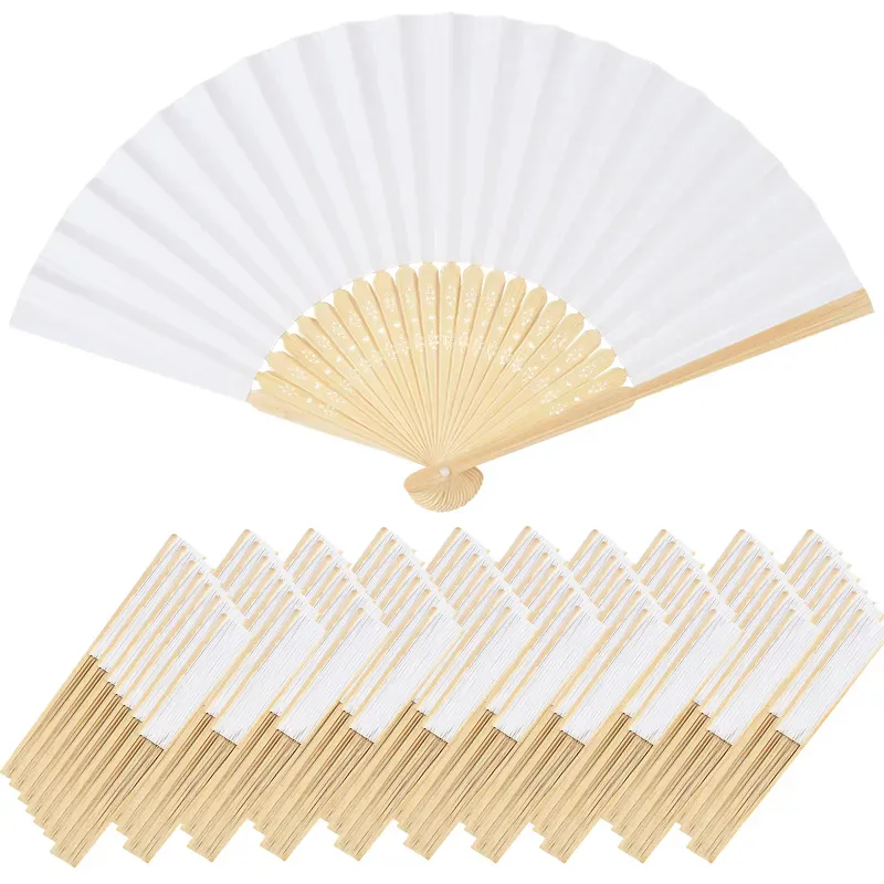 Оптовая продажа, белый складной бумажный вентилятор, портативный китайский бамбуковый вентилятор, свадебные подарки для украшения гостевого дня рождения