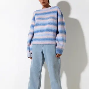 Pull en mohair personnalisé OEM & ODM pour femmes, tricots jacquard à manches longues, vêtements à col rond, haut en tricot d'hiver, pull en tricot pour femmes