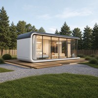 Maison mobile moderne en conteneur avec structure en acier, balcon et espace de vie en verre