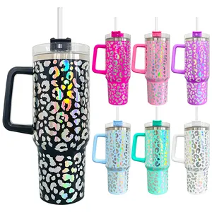 Colorful 40oz Holographic Shiny Leopard Mugs Piont Pattern Vacuum Insulated Stainless Steel Tumbler With Handle And Straw