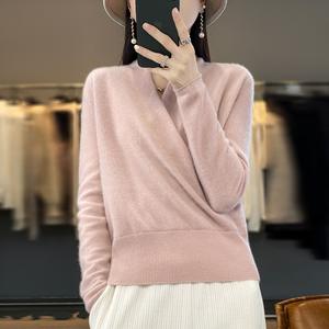 Pull en <span class=keywords><strong>laine</strong></span> tricoté à col croisé amincissant en fibre de cellulose régénérée pour femme – Nouveau style automne-hiver, ample, élégant et polyvalent - Product Image 2