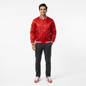 Highest Quality Winter Stand Collar Red 100% Cotton Satin Breathable Casual Varsity Letterman <b>Jacket</b> <b>Long</b> Sleeve Custom Logo <b>Men</b> - Product Image 1