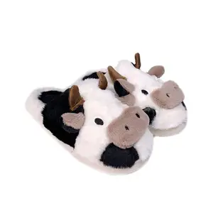 Clogs Mules Cow Furry Animal Plush Slippers Warm Home Indoor Winter PVC Cotton Fabric Winter Shoes Winter Slippers For Women