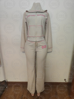 Nouveauté 2026 Ensemble 2 pièces pour femme en coton tricot gaufré : Veste courte et pantalon évasé, avec bordure en fourrure, style streetwear