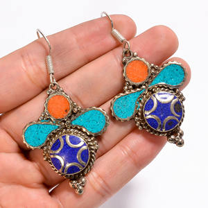 Pendientes de GEMA de lapislázuli de Coral turquesa Natural, pendientes hechos a mano de Nepali de plata tibetana, joyería fina - Product Image 1