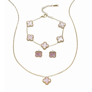 Parure de bijoux en acier titane double face trèfle à quatre feuilles, collier ras-du-cou et bracelet tendance, cadeau de luxe pour la mariée et les fêtes - Product Image 5