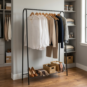 Porte-vêtements autoportant à double niveau avec étagère en fil métallique et design multifonctionnel pour le rangement des vêtements dans la chambre ou l'entrée - Product Image 5