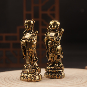 Figuras de niño y niña de latón, 2 piezas, niño dorado y niña de jade, decoración para el hogar, esculturas de mesa - Product Image 4