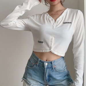 Mujeres de manga larga en blanco camiseta <span class=keywords><strong>mujer</strong></span> t camisa de algodón blanco top de cosecha t camisa - Product Image 3