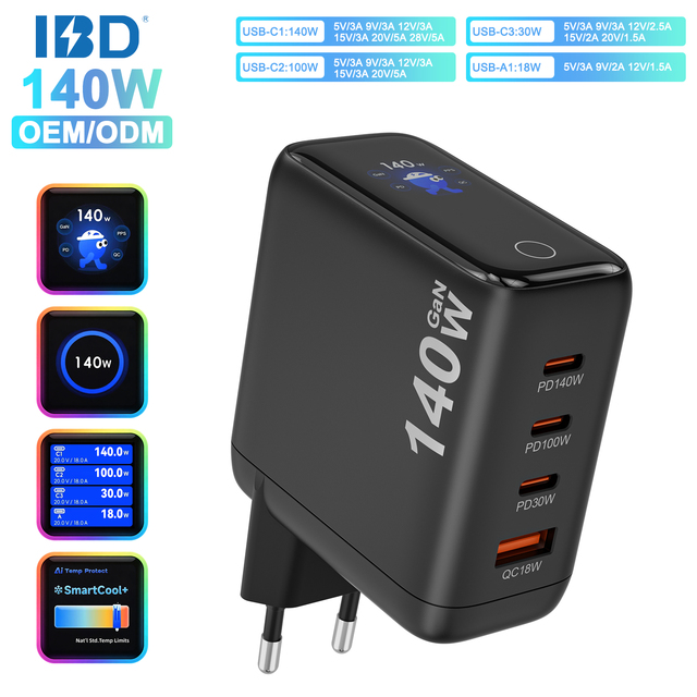 For 140W GaN Wall Charger 3C1A 1.3" TFT Smart Display PD QC2.0 SCP OTP Fast Charger Global Plug CE FCC ROHS Laptop Phone