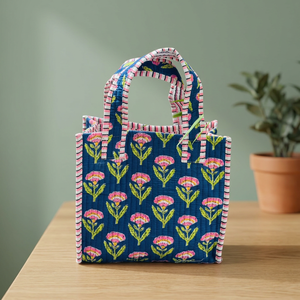 Veer Handicrafts Quilted Cotton Tote <b>Bag</b> <b>Navy</b> Blue Striped Pattern Zipper Closure Handles Fashion Style All Seasons Beach Travel - Product Image 5