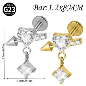 Pendientes de Titanio G23 con Diseño de <span class=keywords><strong>Flecha</strong></span> Atravesando un Corazón, con Zirconia Incrustada, Rosca Interna y Parte Trasera Plana para Perforaciones en Oreja, Labio y Nariz - Product Image 3