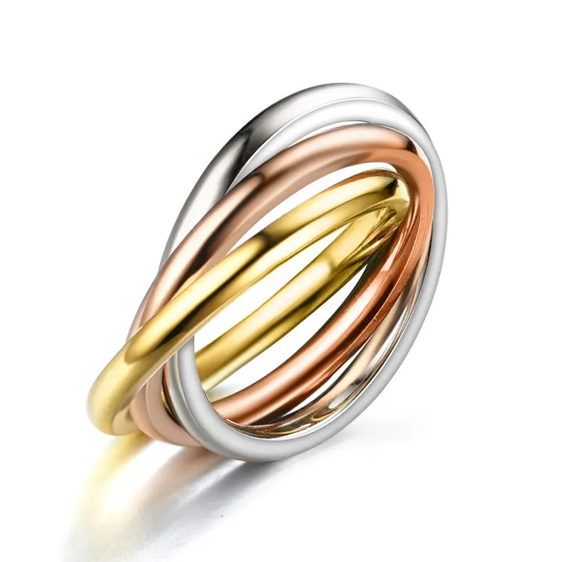 One USD Jewelry Online USA Jewelry Silver Gold Rose Gold Anillo de 3 colores Anillo de acero inoxidable de tres anillos entrelazados para mujer