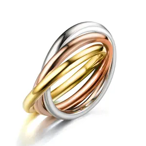 Satu USD perhiasan Online USA perhiasan perak emas mawar emas 3 warna cincin baja nirkarat tiga cincin saling mengunci untuk wanita