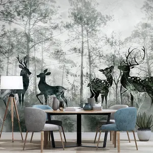 Châu Âu rừng và nai sừng tấm dính tường bức tranh tường hình nền 3D cho phòng khách