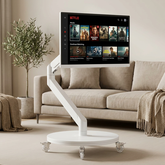 27 Inch Portable Smart TV Android 15 Touch Screen LED Monitor 8GB 256GB 20000mAh Rolling Stand White CN OEM