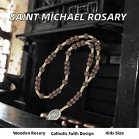 Chapelet en perles de bois avec médaille catholique Saint Michel en alliage de zinc, collier religieux pour enfants, Archange Saint Michel
